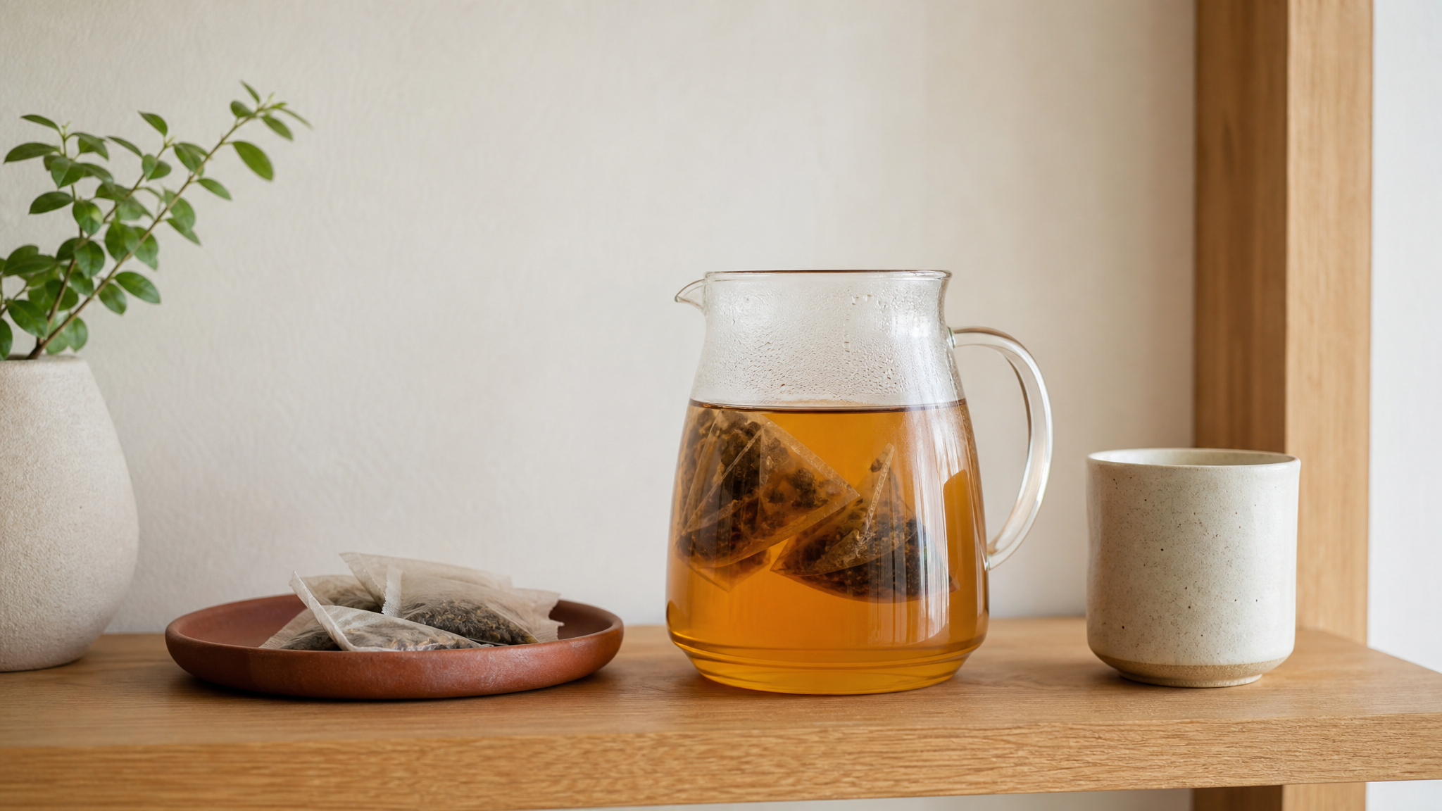 作り置きの冷茶ピッチャーとティーバッグ