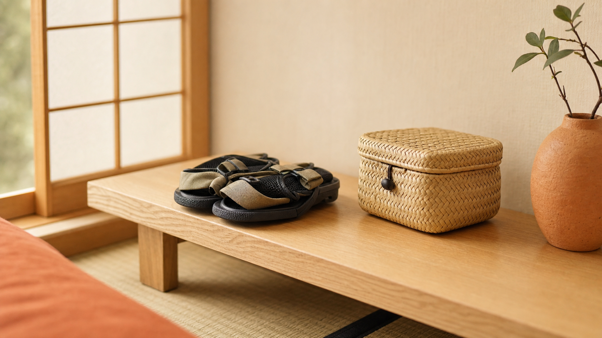 棚に置いた折りたたみサンダルと収納かご
