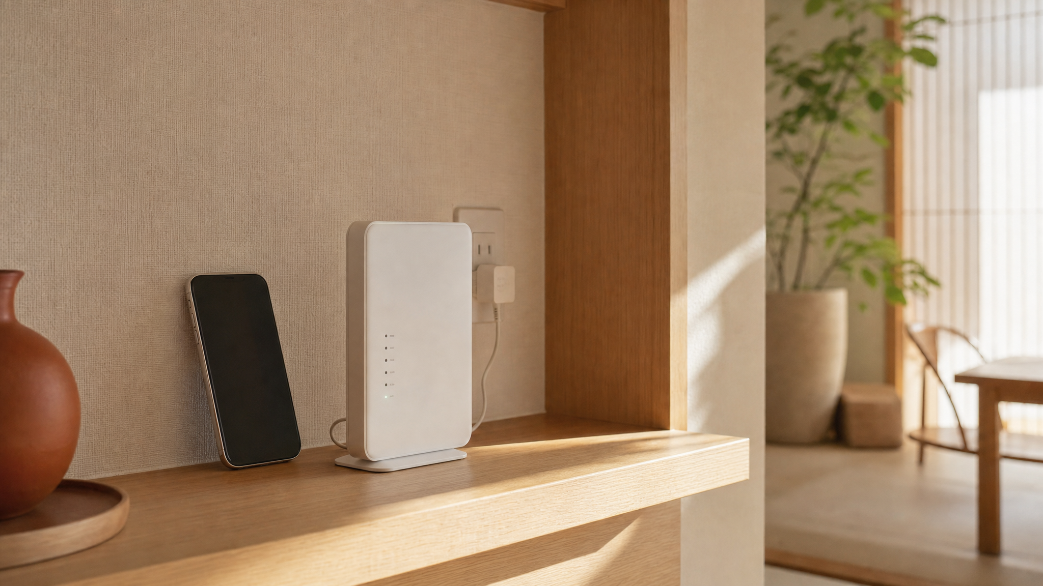 棚に置いた据え置き型ホームルーターとスマホ