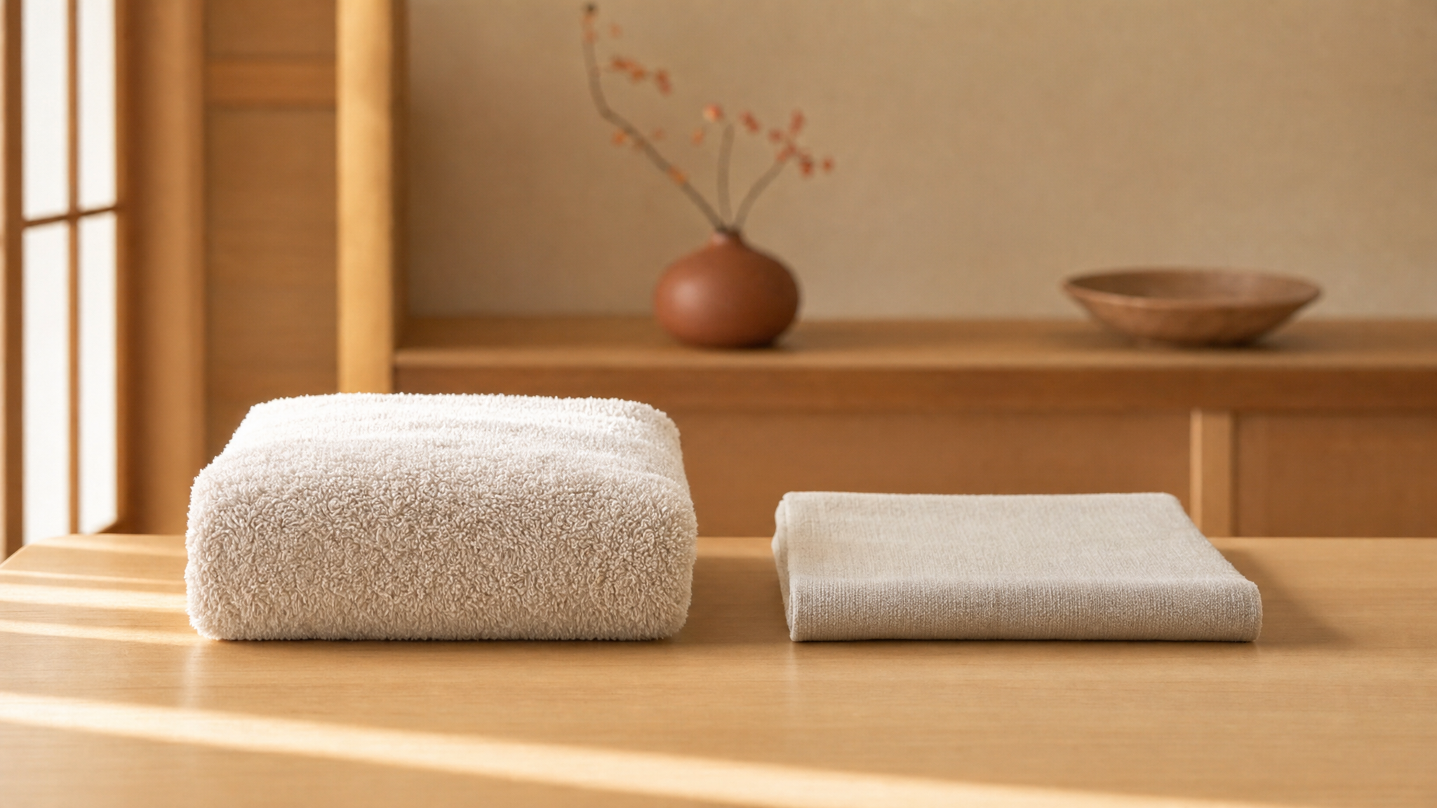 厚手のふかふかと薄手の速乾を並べたフェイスタオル
