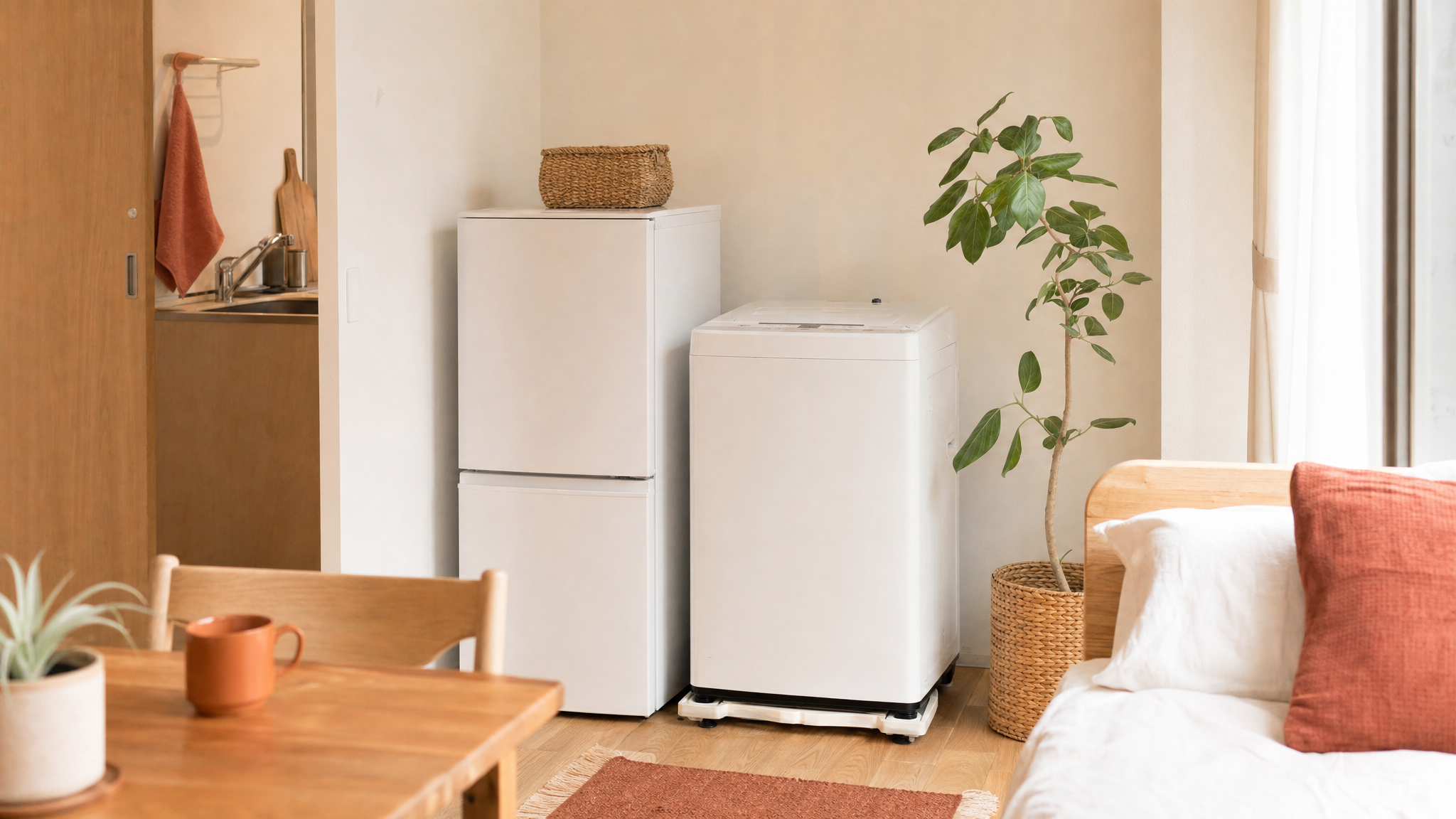 一人暮らしの部屋に並べた小型冷蔵庫と縦型洗濯機