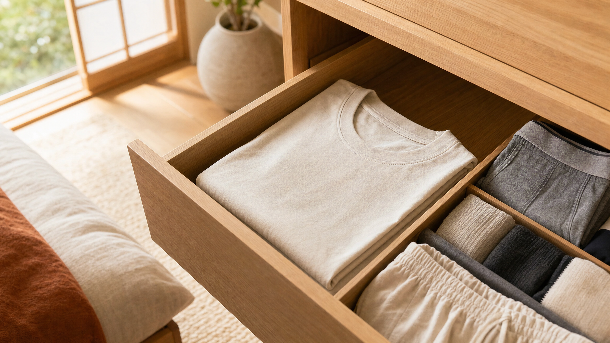 引き出しにまとめたインナー兼部屋着のTシャツ