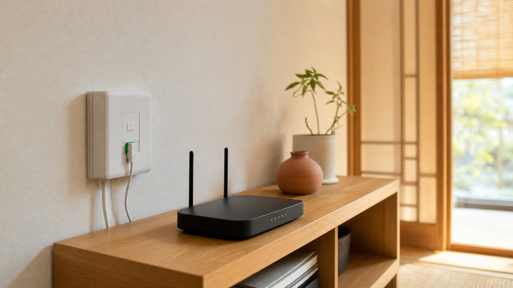 壁の光回線コンセントと棚に置いたルーター
