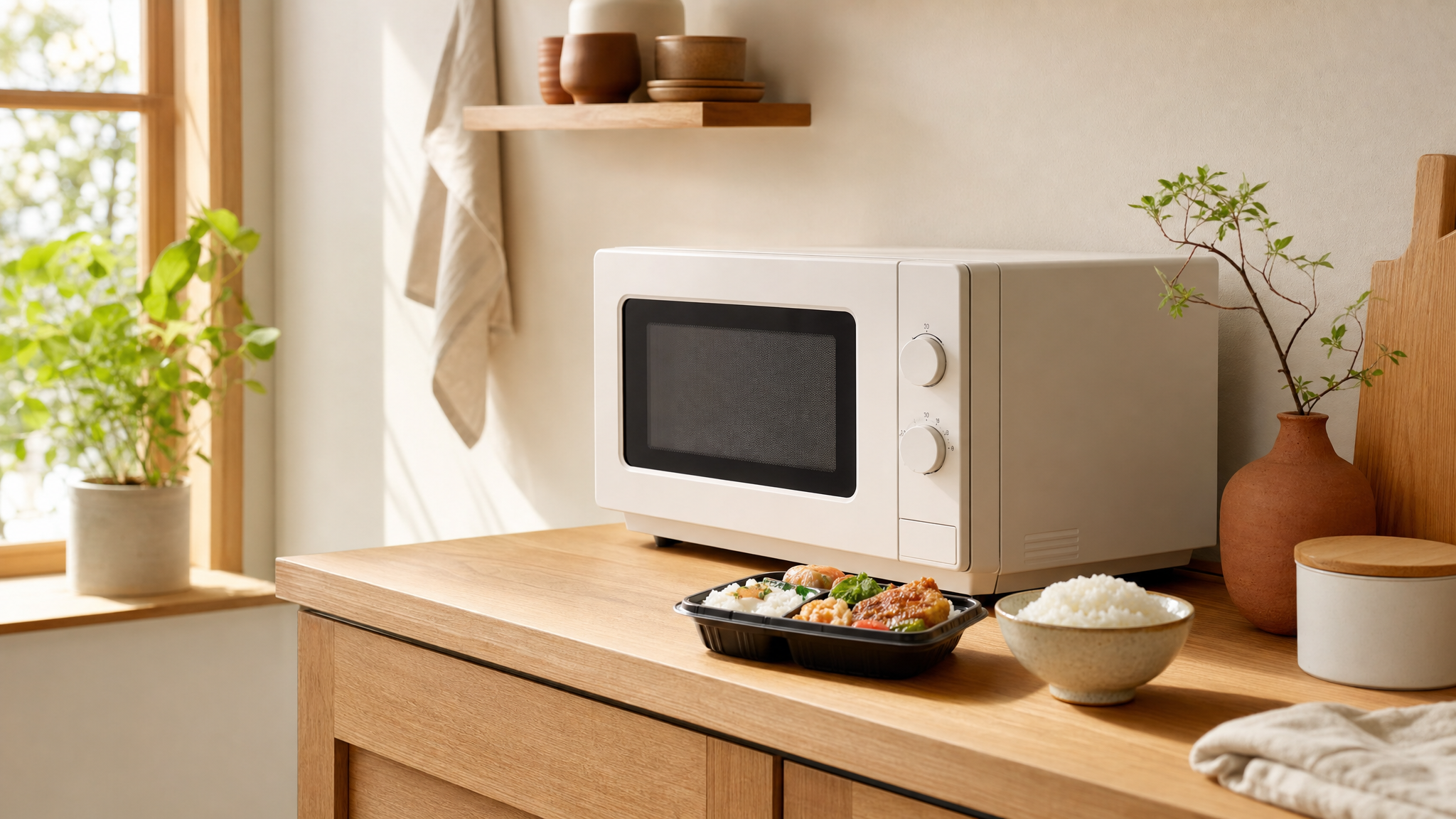 カウンターに置いた単機能レンジと弁当