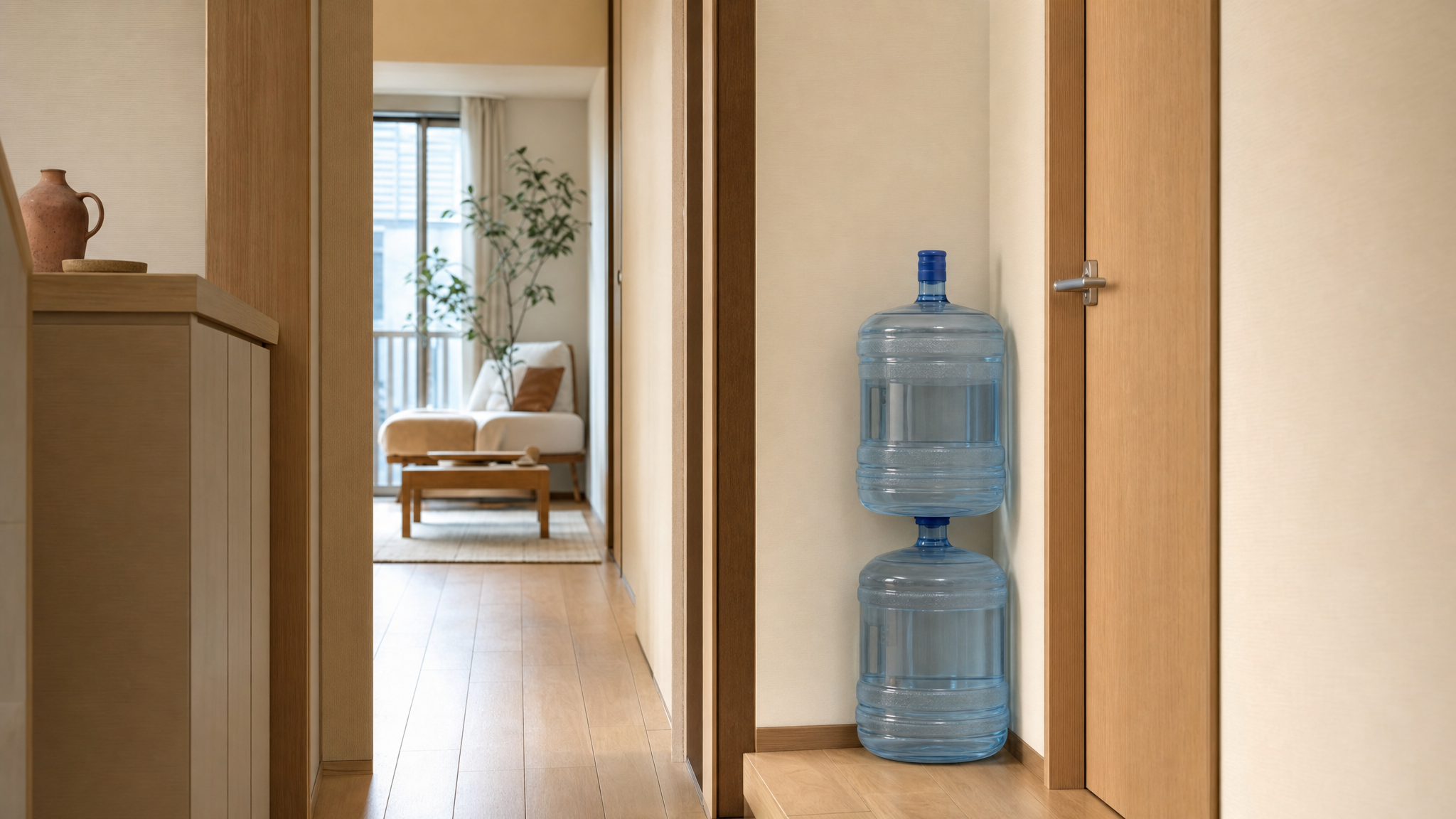 部屋の隅に溜まった12Lの未開封ボトル